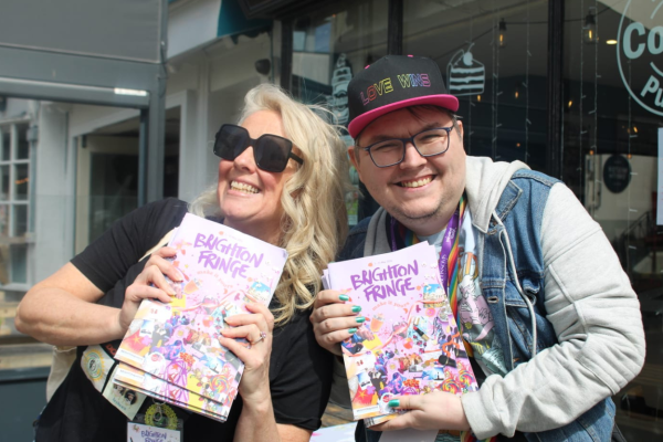 Jenny and Joe from the Purple Production team delivering Brighton Fringe brochures
